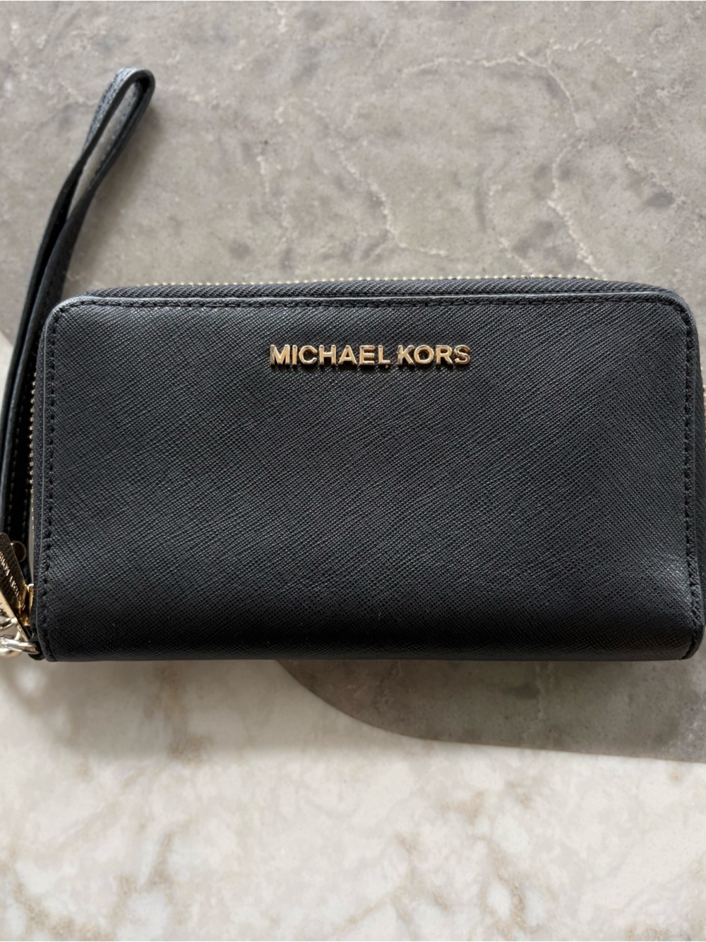 Michael Kors Black Saffiano Leather Wristlet with Gold Logo
